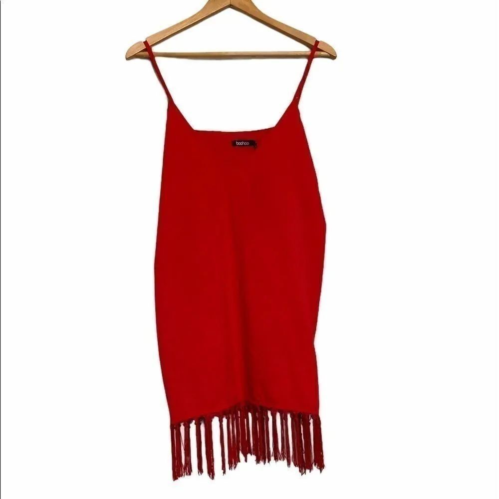 NWT BooHoo Bohemian Tassel Slip Dress Red